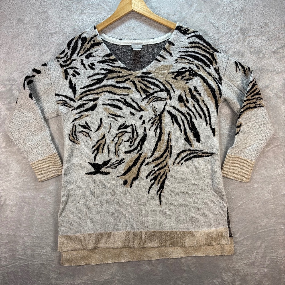 Chico's‎ Tiger Print Sweater Knit Pullover V-Neck Long Sleeve Beige Black Size M